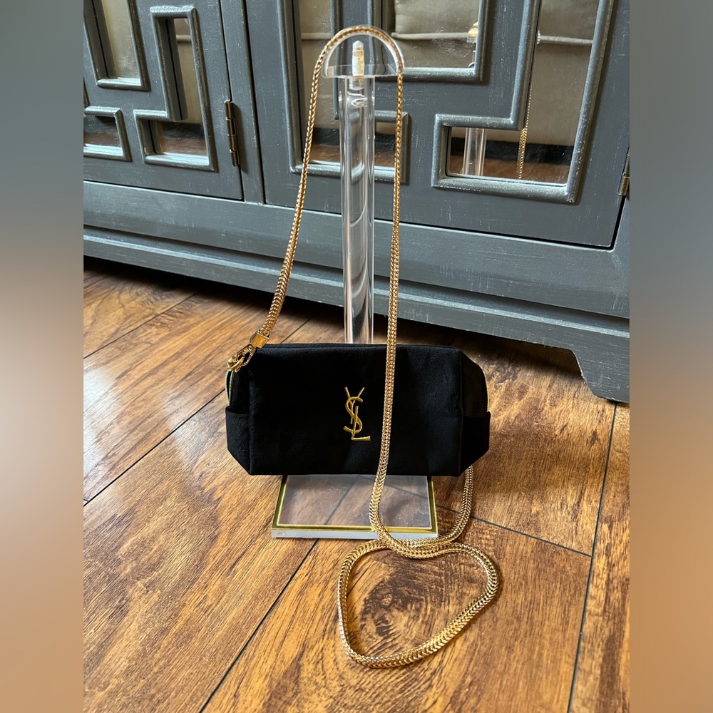 YSL Velvet Beauty Bag Black Crossbody with Gold Chain